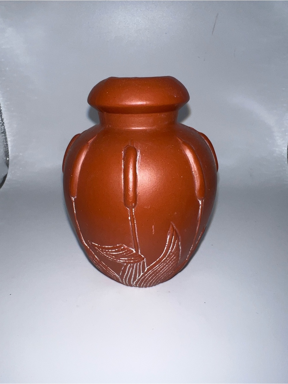 Vintage Teleflora vase made of terra cotta with a cattail pattern